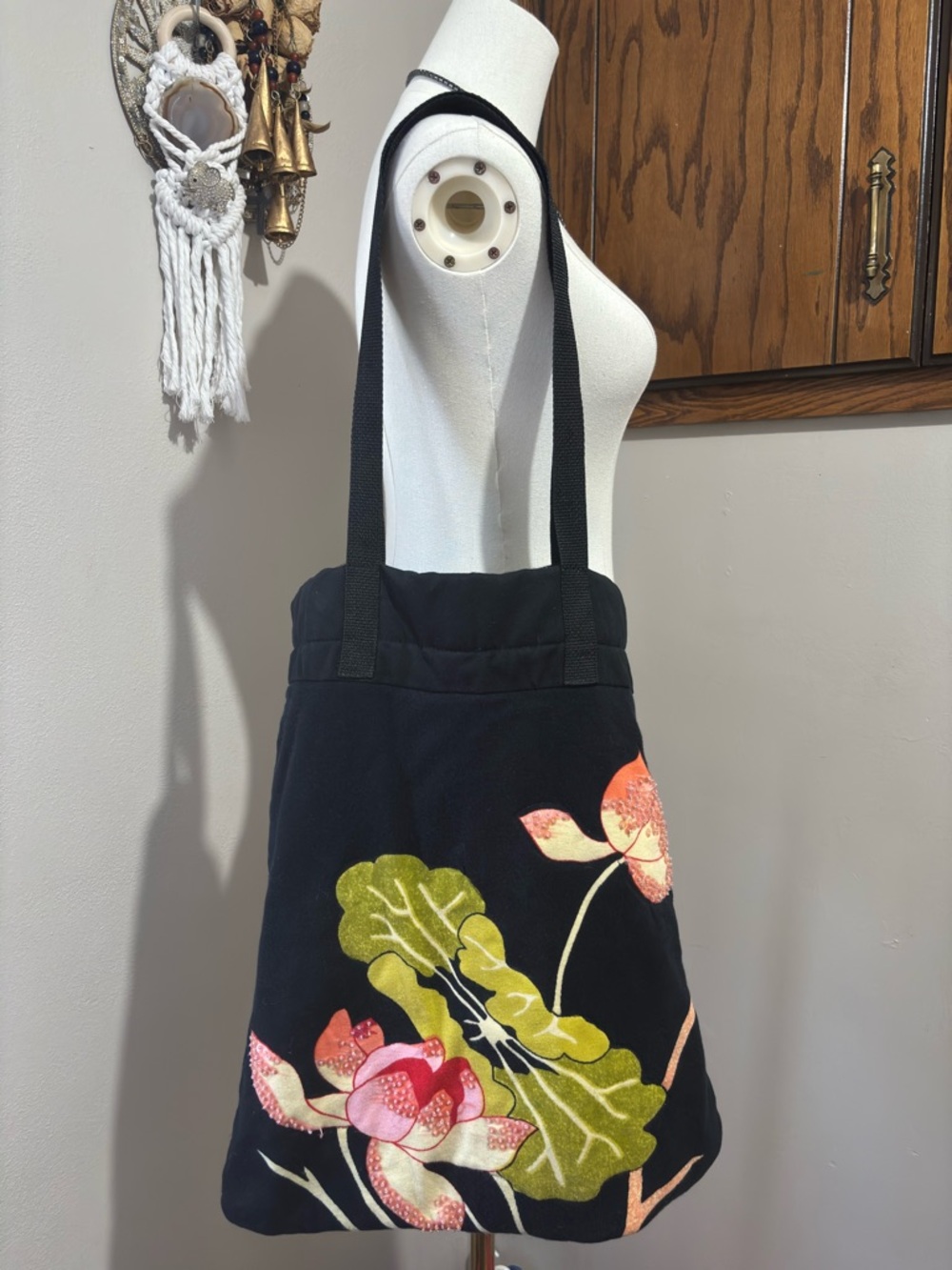 Black Floral Tote with Pink & Green Accents Sequins Rhinestones